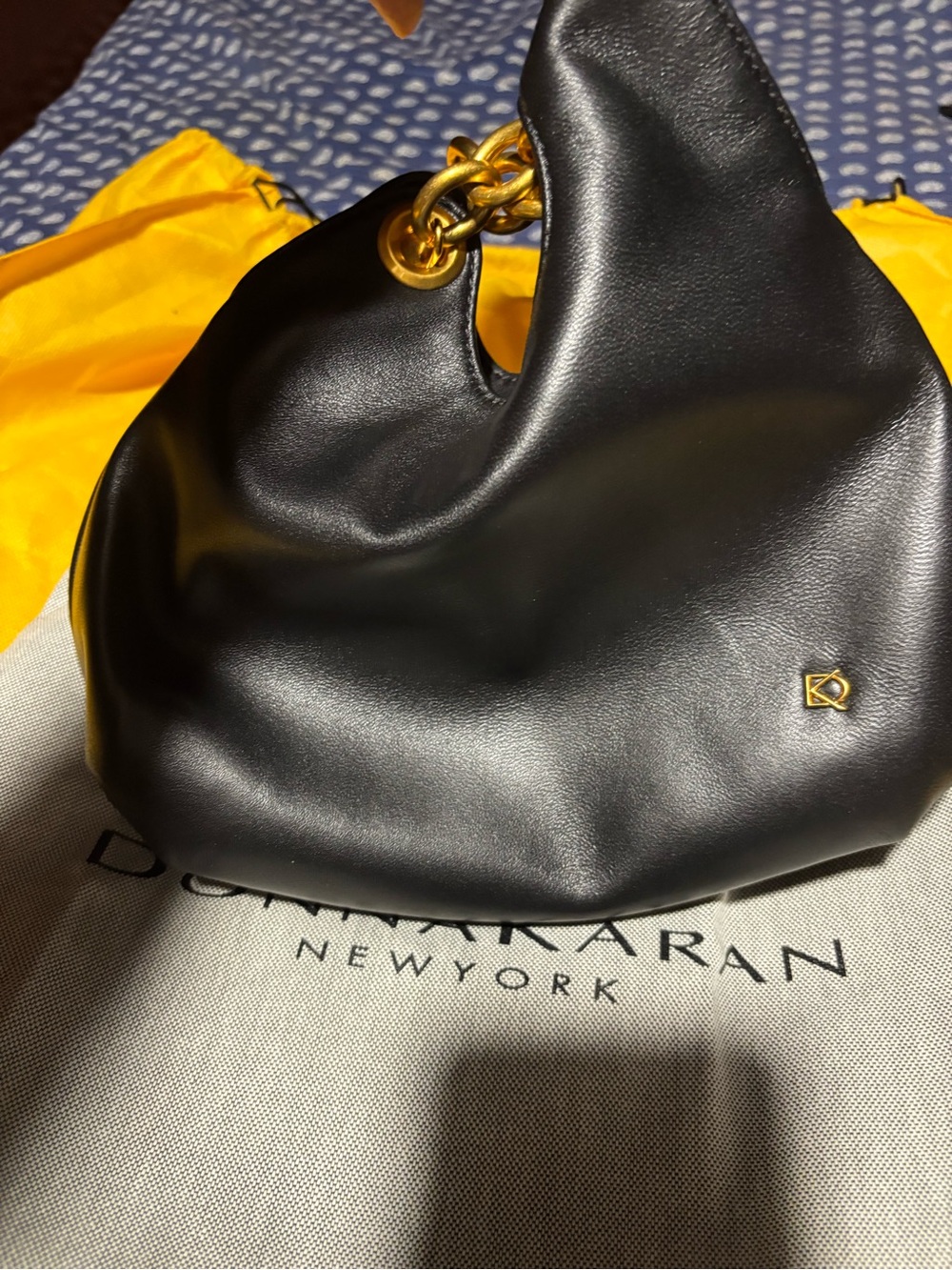 Donna Karan Black Leather wristlet  Bag with Gold Chain Accent